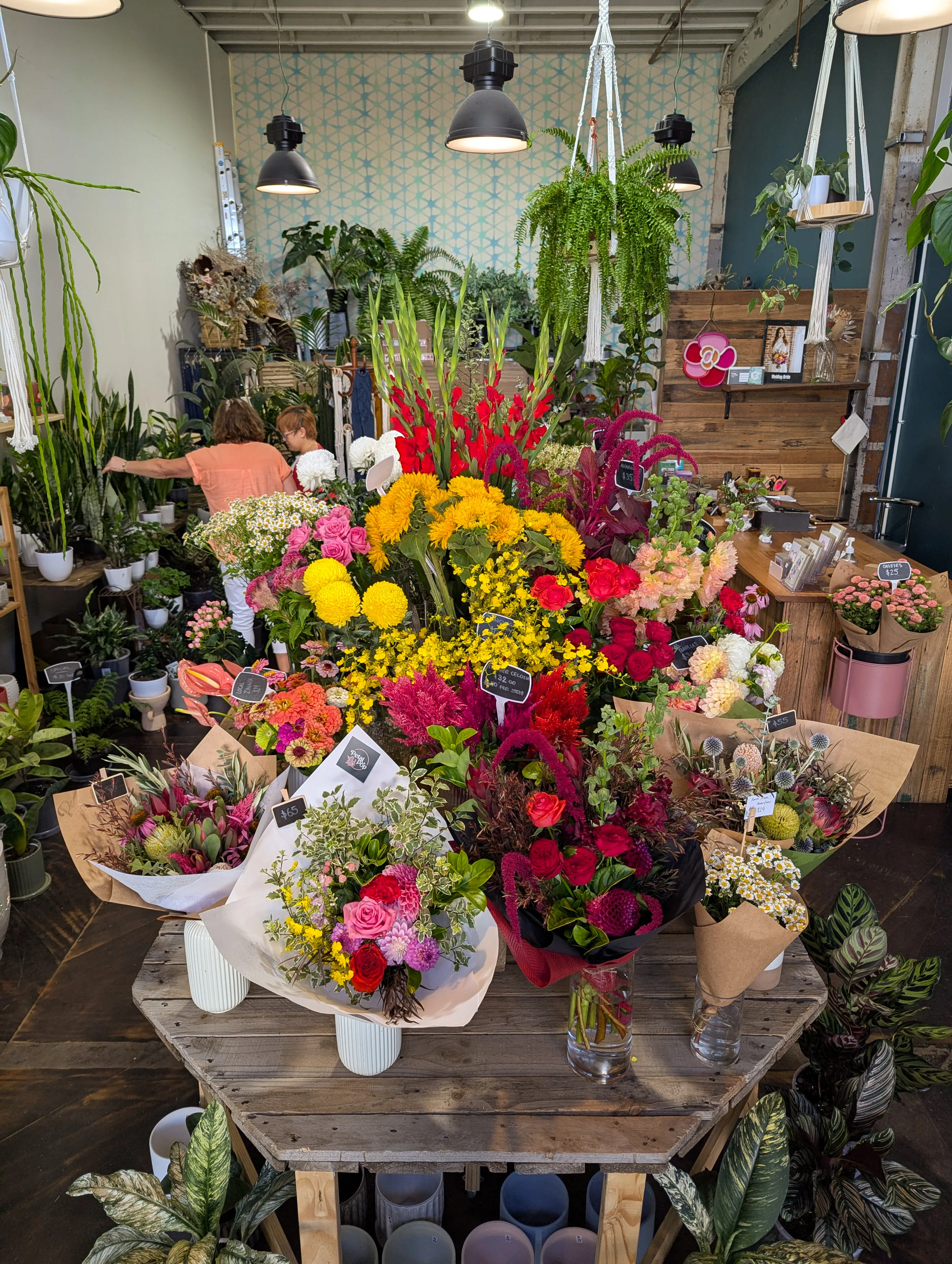 Wide interior view of the Petal Pop Flowers studio at 459 Sydney Road, Brunswick